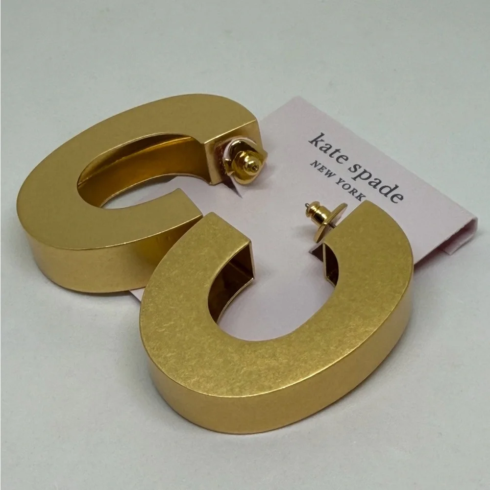 NEW‎ Kate Spade Urban Jungle C-Shaped Hoop Earrings Worn Gold Chunky Dust Bag